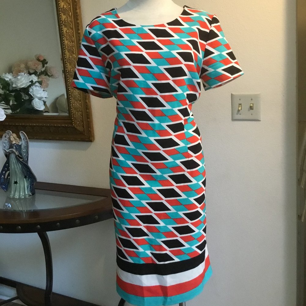 AA STUDIO Multicolor Printed Pencil Mid Dress Short Sleeve Color-Block  12